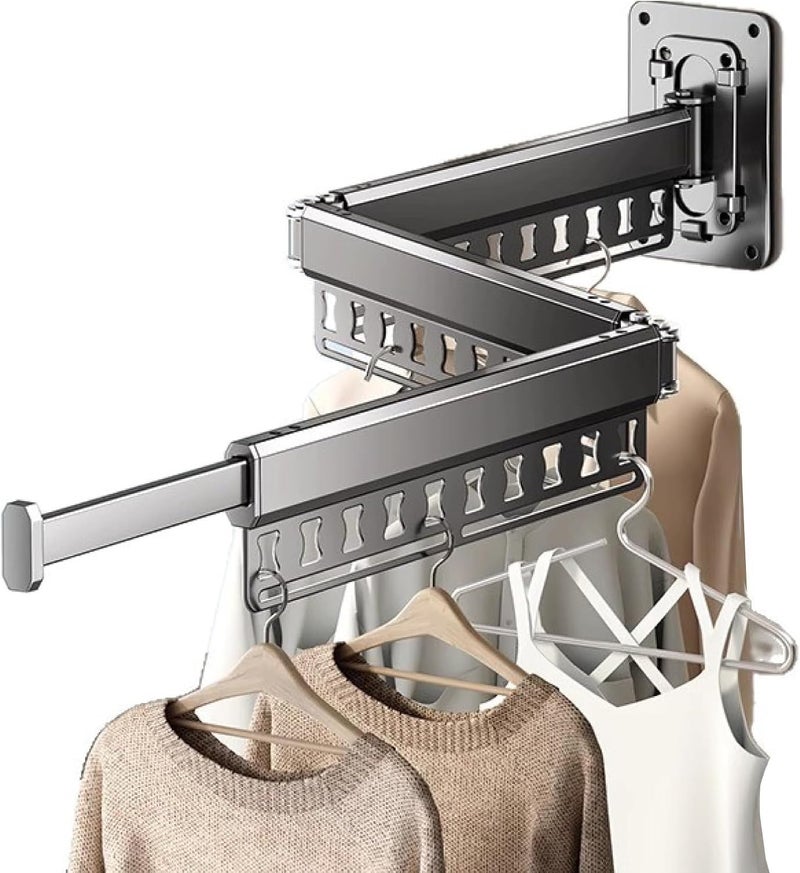 HGZBS Clothes Drying Rack Wall-Mounted, 3-Fold Retractable Clothes Hanger with Windproof Holes & Detachable Design, Sturdy Foldable Laundry Rack for Balcony, Bathroom Use (Gunmetal Gray) - Image 1